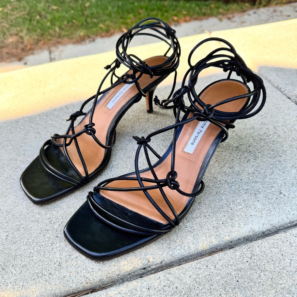Emme Parsons Festa Heel | Black Leather Strappy Sandals | Designer Heels